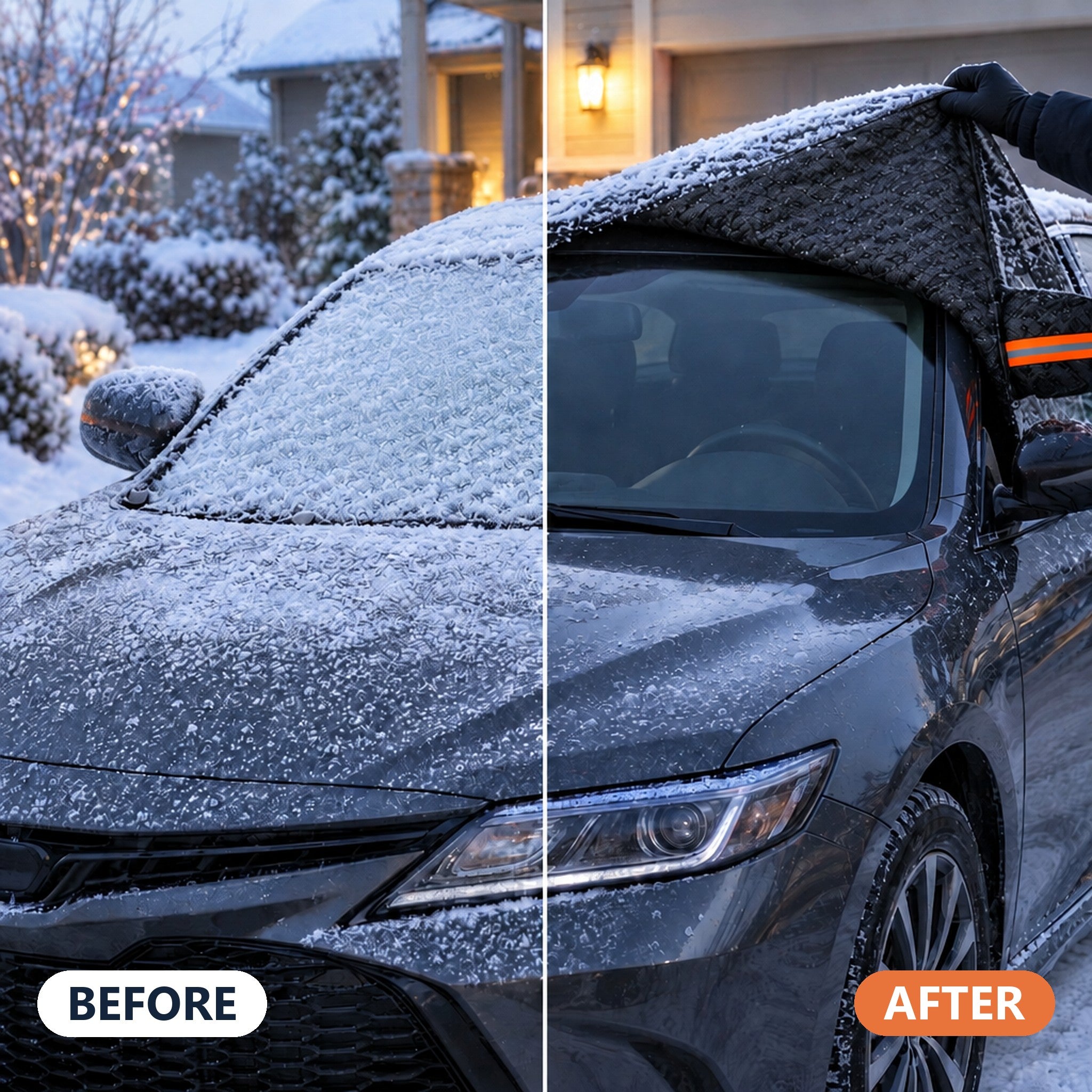 Before: windshield iced over. After: cover lifted off, clear glass.